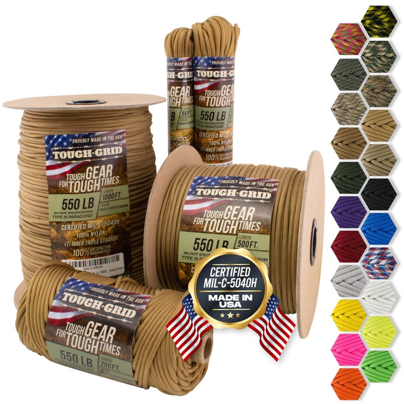 TOUGH-GRID 550 Paracord Rope Nylon Parachute Cord, Made in USA Survival Kit, Outdoor Adventures, Camping, Tactical Gear & Emergency Supplies, Military Type III Mil-Spec - Image 1